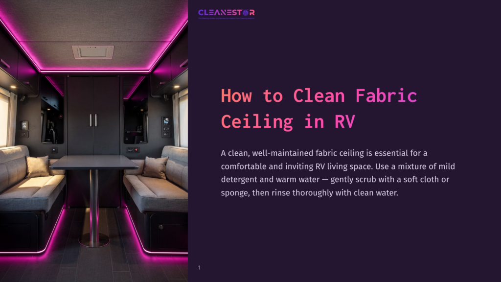 Interior Of A Modern Rv With Plush Grey Seating, A Dark Table, And Vibrant Pink Led Lighting Accenting The Fabric Ceiling, Highlighting How To Clean Fabric Ceiling In Rv.