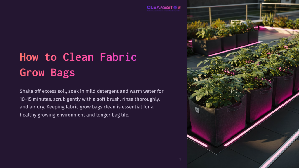 1 How To Clean Fabric Grow Bags A Dark, Moody Image With &Quot;Cleanestor&Quot; And &Quot;How To Clean Fabric Grow Bags&Quot; Text. The Background Shows A Modern Rooftop Garden With Black Fabric Grow Bags Illuminated By Pink Led Lights.