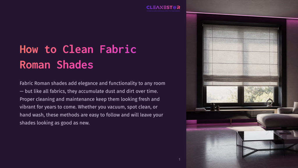 Elegant Living Room With Modern Decor, Featuring A Dark Purple Wall With The Title &Quot;How To Clean Fabric Roman Shades.&Quot; A Window With A White Shade Is Open, Showing A View Of Trees Outside. The Room Includes A Glass Coffee Table, A Sleek Black Coffee Table, A Couch, And Pink Led Strip Lighting.
