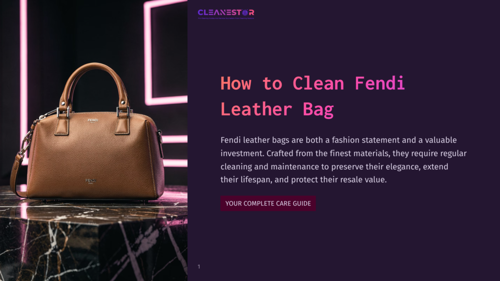 A Luxurious Brown Fendi Leather Handbag Sits On A Polished Marble Surface. The Bag Is The Focal Point, With Its Rich Texture And Fendi Logo Visible. The Background Is A Dark, Moody Gradient With The Text &Quot;How To Clean Fendi Leather Bags&Quot; And &Quot;Cleanestor&Quot; Displayed.