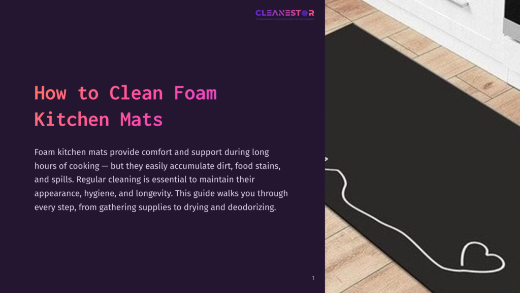 1 How To Clean Foam Kitchen Mats A Black Foam Kitchen Mat With A White Heart Design Lies On A Light Wood Floor Next To White Kitchen Cabinets. Text On A Dark Purple Background Reads &Quot;How To Clean Foam Kitchen Mats.