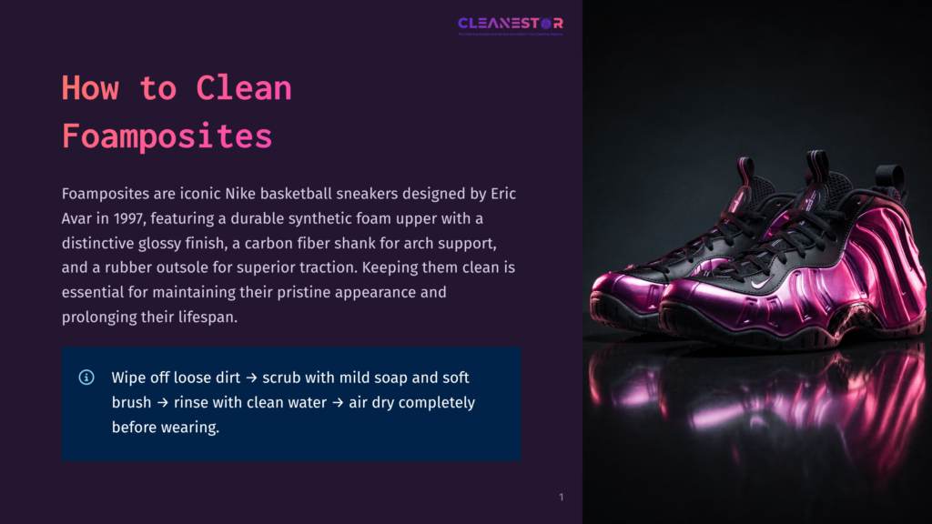 Pair Of Shiny Metallic Pink Nike Air Foamposite One Sneakers Resting On A Dark, Reflective Surface. The Text &Quot;How To Clean Foamposites&Quot; Is Visible On The Left.