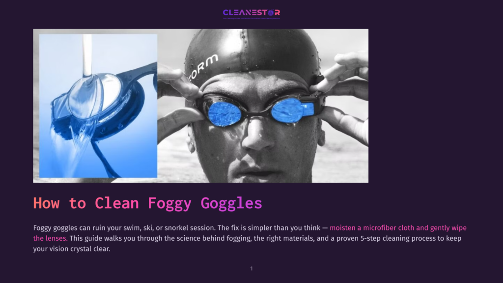 Close-Up Of A Swimmer'S Face Wearing Anti-Fog Goggles, With Water Running Over Them. The Title &Quot;How To Clean Foggy Goggles&Quot; Is Overlaid On The Image.