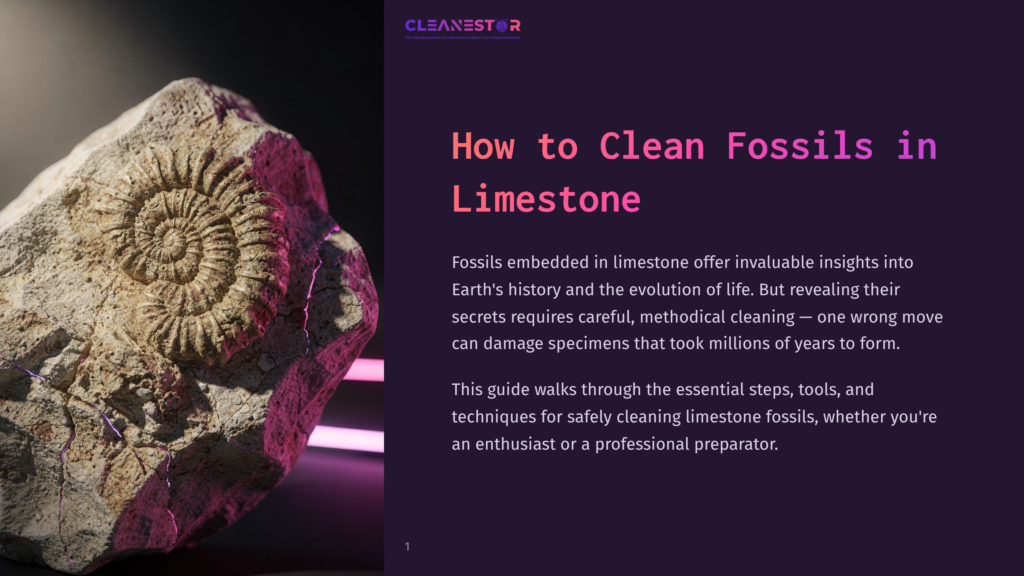 A Close-Up Of A Fossilized Ammonite In Limestone, Showcasing A Spiral Pattern With Shades Of Pink And Brown. Text Overlay Reads &Quot;How To Clean Fossils In Limestone,&Quot; Indicating A Guide On Proper Fossil Cleaning Techniques.