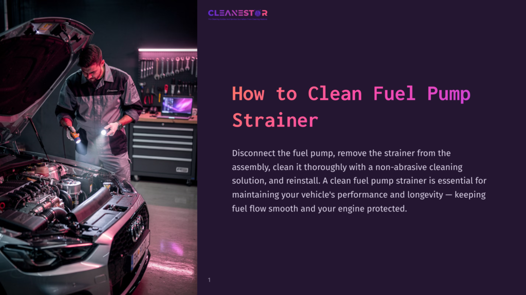 A Mechanic In A Gray Uniform Uses A Flashlight To Inspect The Engine Of A Silver Car, With A Toolbox And Car Parts In The Background. Text Reads: &Quot;Cleanestor - How To Clean Fuel Pump Strainer&Quot;.