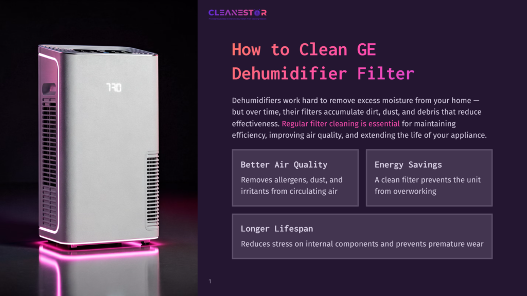 A Modern Silver Dehumidifier With A Glowing Pink Base Sits On A Dark Surface, Displaying &Quot;730&Quot; On Its Led Screen. Text On The Right Promotes Ge Dehumidifier Filters For Better Air Quality And Energy Savings.