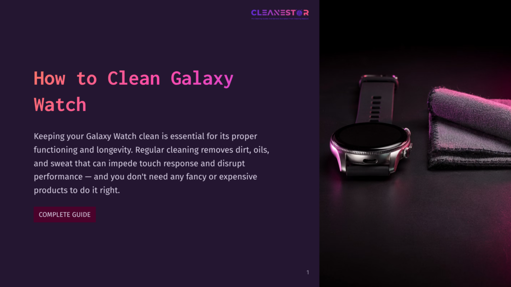 A Sleek Silver Samsung Galaxy Watch Is Placed On A Dark, Reflective Surface Next To A Soft Microfiber Cloth, With The Text &Quot;How To Clean Galaxy Watch&Quot; In Purple And White Overlaying The Left Side Of The Image.