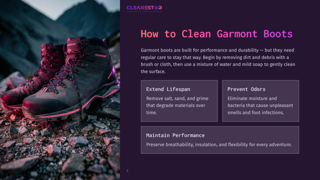 1 How To Clean Garmont Boots Close-Up Of Rugged Garmont Hiking Boots With Pink Accents, Resting On A Rocky, Mountainous Terrain. Text Overlay Reads &Quot;Cleanestor&Quot; And &Quot;How To Clean Garmont Boots.