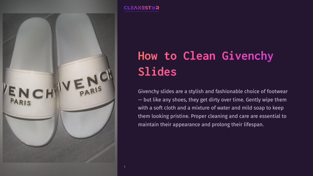 A Pair Of Clean, White Givenchy Slides With The &Quot;Givenchy Paris&Quot; Logo In A Beige Band Sits On A Tiled Floor.