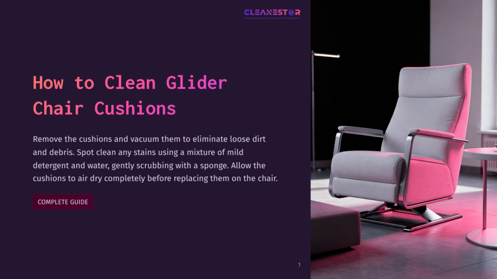 A Modern Grey Glider Chair With A Silver Base Is Illuminated By Pink And White Light Against A Dark Background. The Text &Quot;How To Clean Glider Chair Cushions&Quot; Is Visible On The Left.
