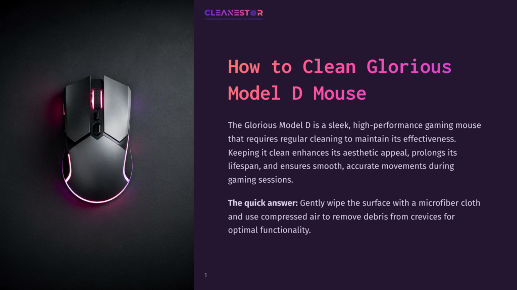 1 How To Clean Glorious Model D Mouse A Black Glorious Model D Gaming Mouse With Pink Rgb Lighting Rests On A Dark, Textured Surface, Alongside Text Explaining How To Clean It.
