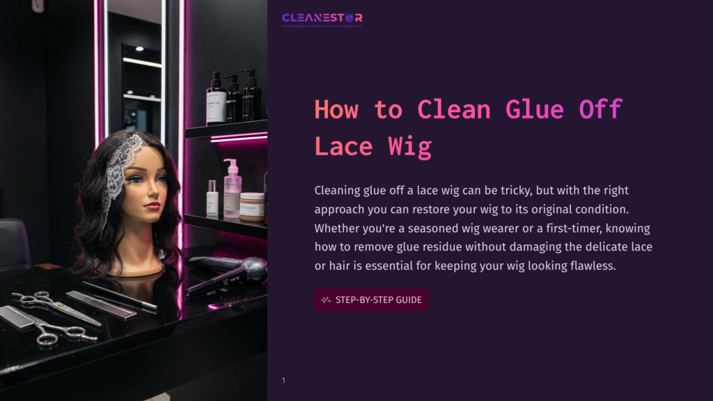 1 How To Clean Glue Off Lace Wig A Wig Mannequin Head With Dark Hair And Lace Wig Detail Sits On A Table With Wig Styling Tools, Next To A Shelf Of Wig Cleaning Products. The Text &Quot;Cleanestor&Quot; And &Quot;How To Clean Glue Off Lace Wig&Quot; Is Visible.