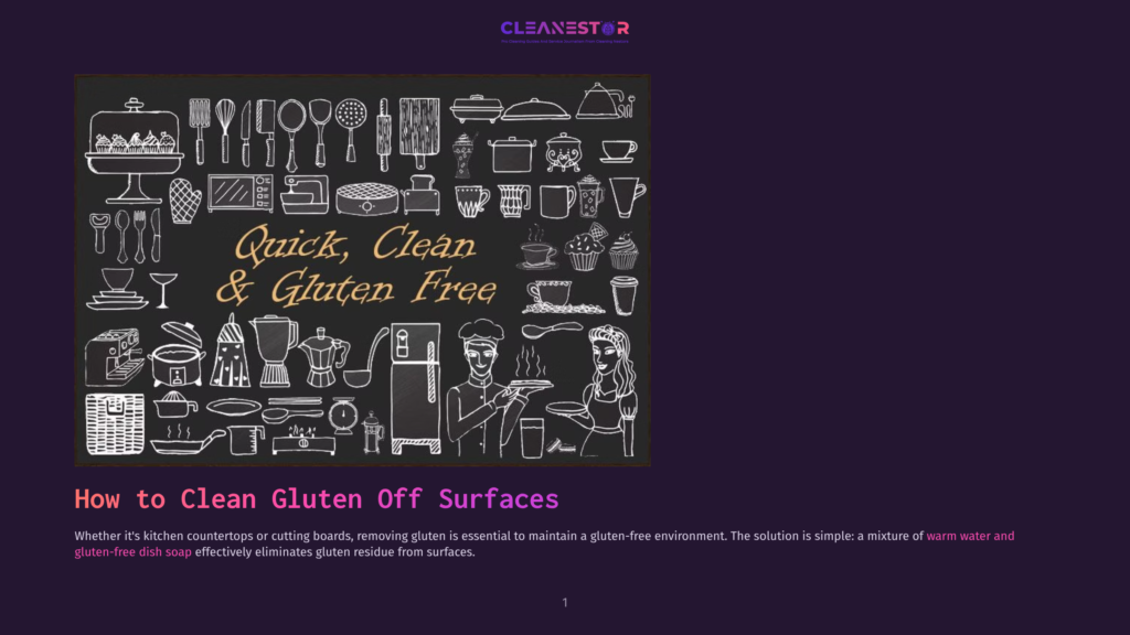 Chalkboard Illustration Of Kitchen Utensils, With The Text &Quot;Quick, Clean &Amp; Gluten Free&Quot; Prominently Displayed, Emphasizing Gluten-Free Cleaning Solutions For Kitchens.