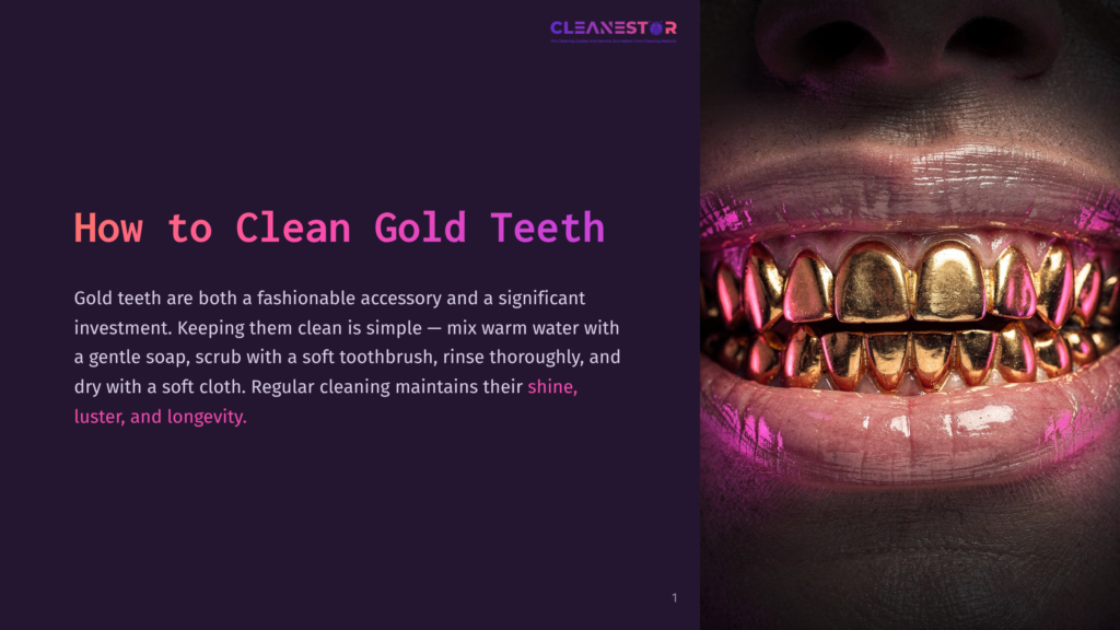 Close-Up Of Gold-Capped Teeth With A Glossy, Polished Surface, Illuminated By A Pink Light Against A Dark Background, Showcasing The Shine And Lustre Of The Gold Teeth.