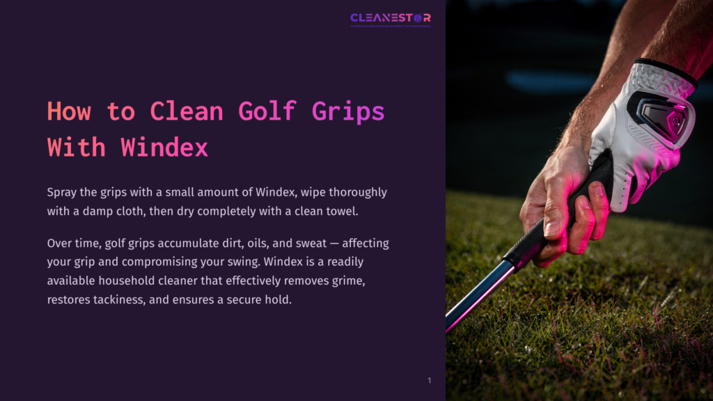 Close-Up Of A Golfer'S Gloved Hand Gripping A Golf Club, With The Text &Quot;How To Clean Golf Grips With Windex&Quot; Overlaid On The Left Side Of The Image.