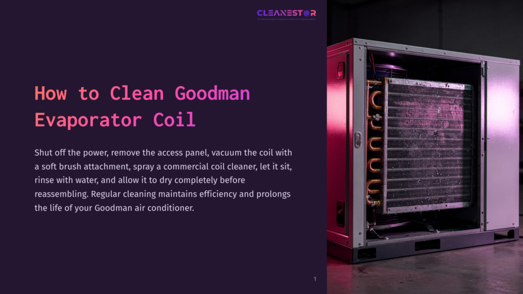 Close-Up View Of An Opened Goodman Air Conditioner'S Evaporator Coil With A Purple Background. The Coil, Featuring Copper Tubes And Fins, Is Exposed After Removing The Access Panel. Instructions On The Left Side Guide Users On How To Clean It.