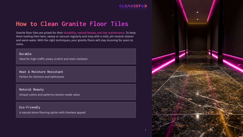 1 How To Clean Granite Floor Tiles Dark, Polished Granite Floor Tiles With Warm Yellow And Orange Undertones Reflect The Ambient Lighting In A Modern Hallway With Neon Pink Accent Lights Along The Baseboards. Text Overlay Reads &Quot;Cleanestar&Quot;.