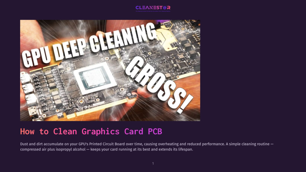 Close-Up Of A Dusty Computer Graphics Card Pcb With &Quot;Gpu Deep Cleaning&Quot; And &Quot;Grossi!&Quot; Text Overlaid. Lightning Effects Suggest A Cleaning Process.