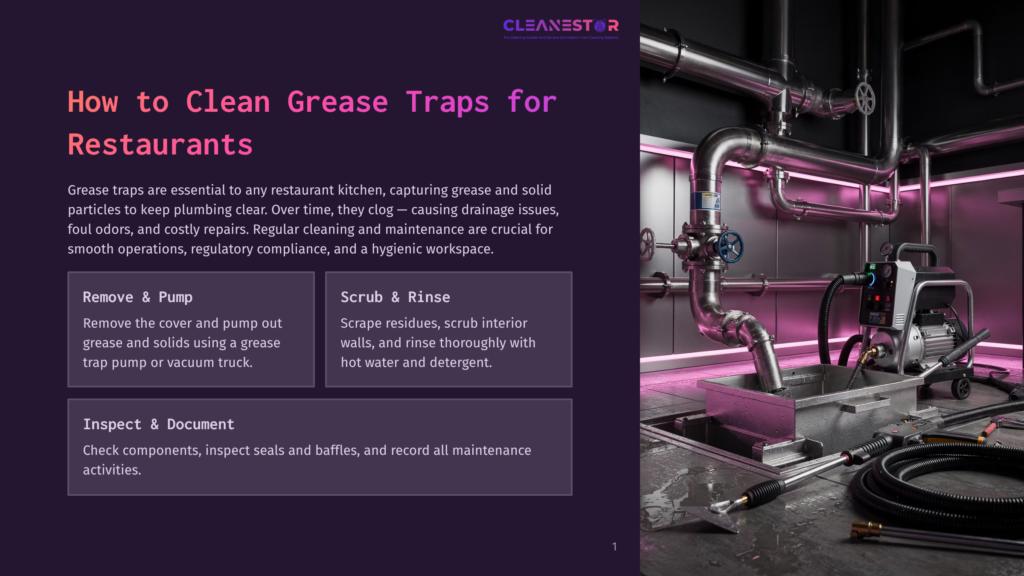A Restaurant Kitchen Grease Trap Cleaning Service, Showing A Large Industrial Grease Trap With Pipes And Cleaning Equipment. Text Overlay Reads: &Quot;How To Clean Grease Traps For Restaurants.