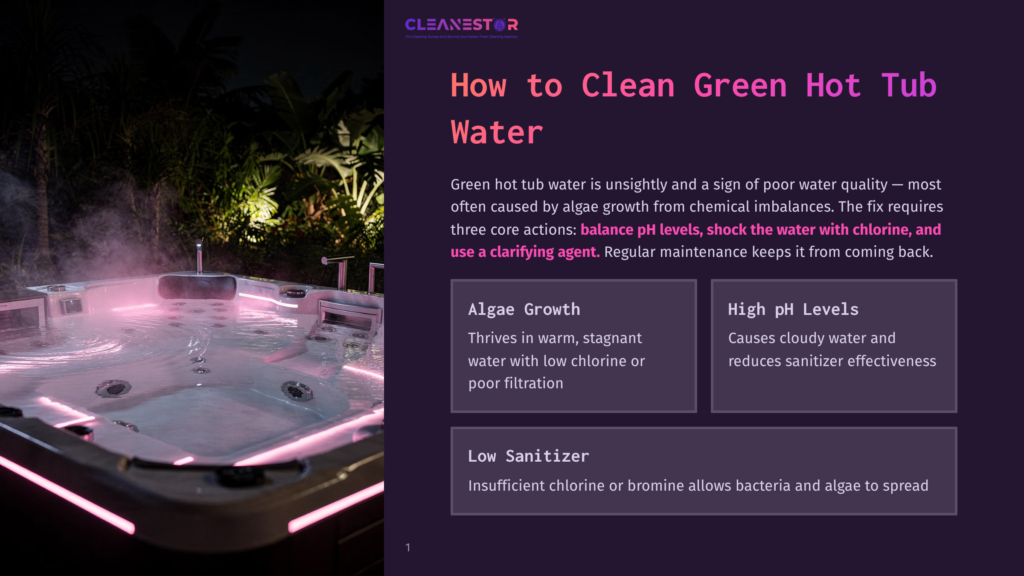 A Steaming, Illuminated Hot Tub At Night, With Pink And Purple Lights Reflecting On The Water'S Surface. Text Overlays Discuss Cleaning Green Hot Tub Water With Balanced Ph Levels, Chlorine, And Clarifying Agents.