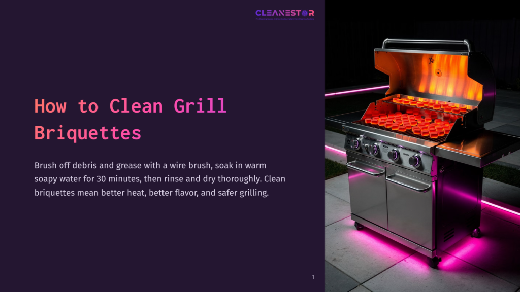 How To Clean Grill Briquettes&Quot; Title Card With Instructions And A Photo Of A Clean, Modern Gas Grill With Pink Led Lighting.