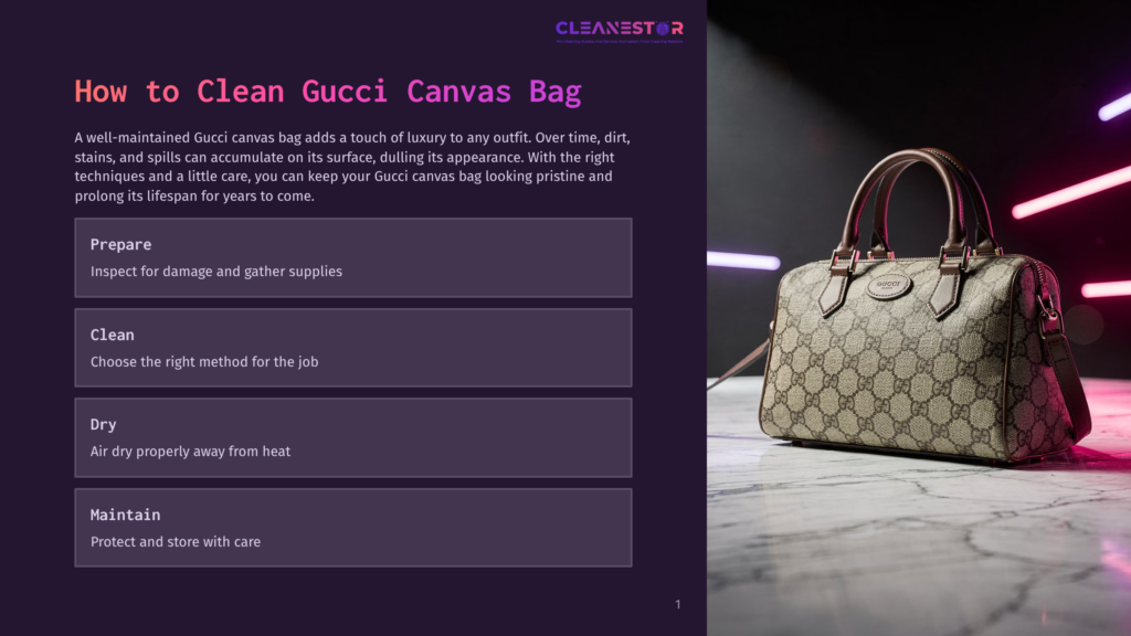 A Beige And Brown Gucci Canvas Duffel Bag With Leather Trim Sits On A Marble Surface, With Neon Pink And Purple Lights Creating A Dramatic Glow In The Background. The Image Is Part Of A Guide On How To Clean Gucci Canvas Bags.