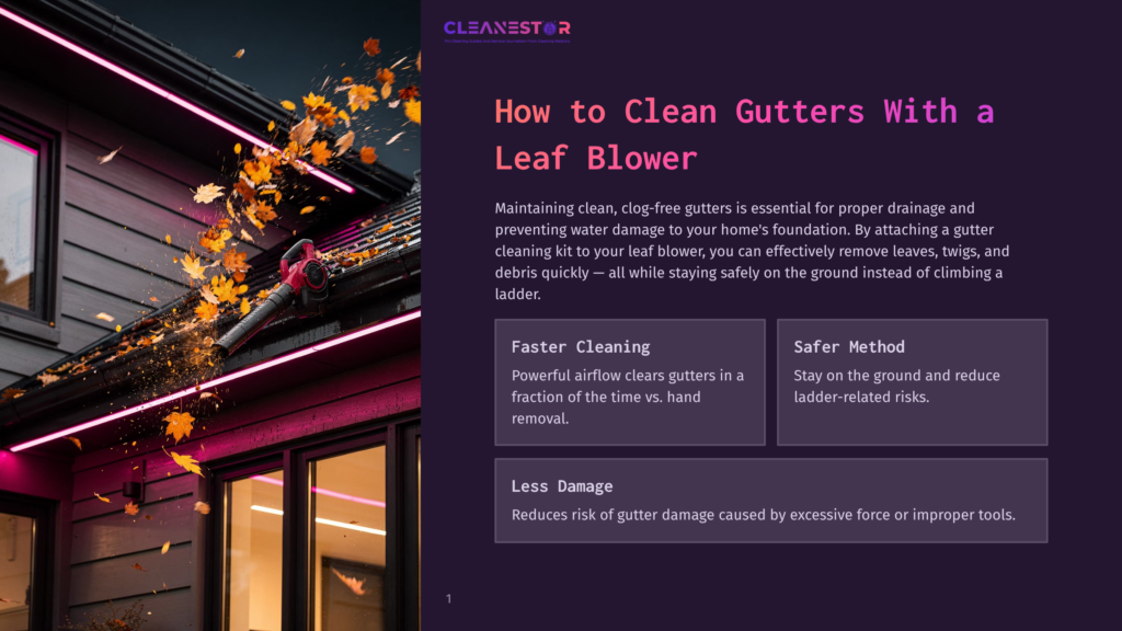 A Red Leaf Blower On A House Roof, With Leaves Blowing Away. The Roof Is Lit Up With Pink And Purple Lights. Text Reads, &Quot;How To Clean Gutters With A Leaf Blower.&Quot; A Section Titled &Quot;Faster Cleaning&Quot; Says, &Quot;Powerful Airflow Clears Gutters In A Fraction Of The Time Vs. Hand Removal.