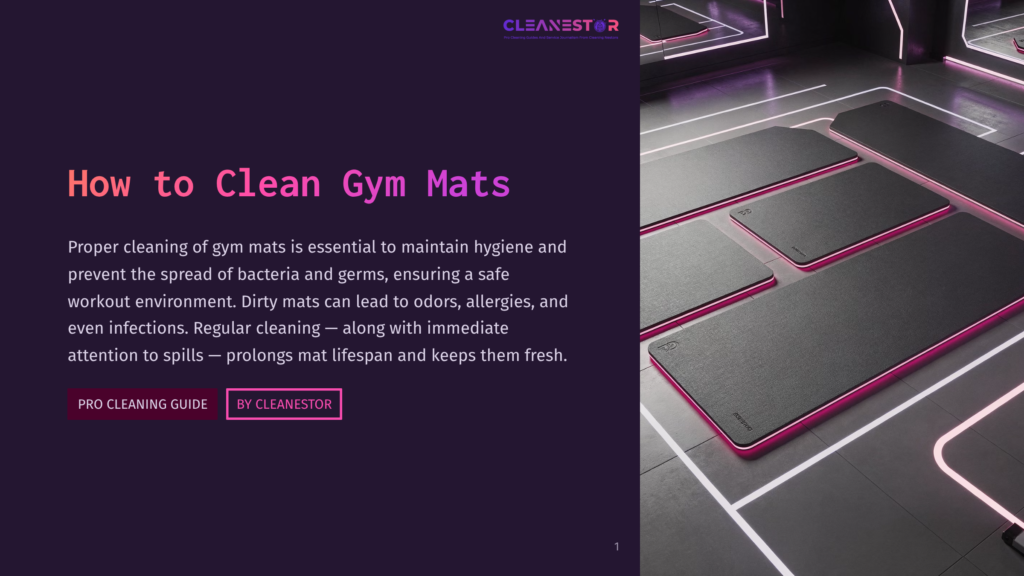 1 How To Clean Gym Mats A Modern Gym With Rows Of Black Yoga Mats With Bright Pink Edges, Illuminated By Purple Neon Lights. The Text &Quot;Cleanestor&Quot; And &Quot;How To Clean Gym Mats&Quot; Is Visible.