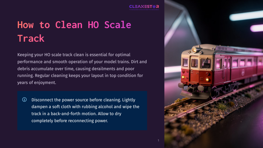 Close-Up Of A Detailed Ho Scale Model Train With A Red And Silver Body, Resting On A Track With Green Foliage And Purple Lighting In The Background. Text Overlay: &Quot;Cleanestor&Quot;.