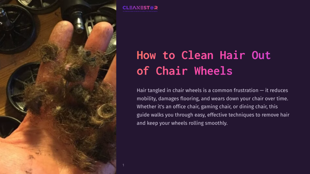 Hand Holding A Clump Of Tangled Hair And Dust Removed From Chair Wheels, With A Background Of Black Chair Casters.