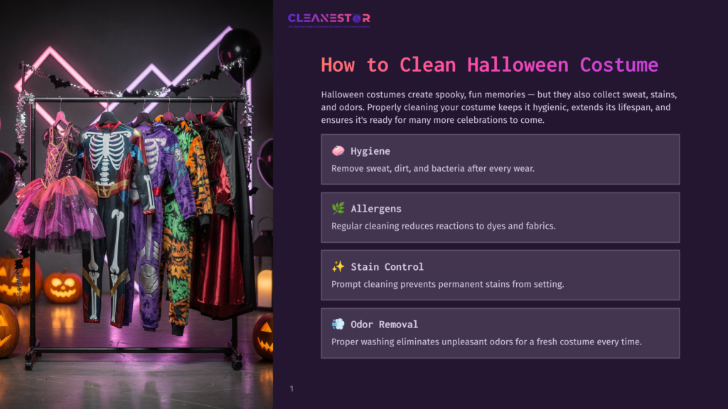 A Halloween Costume Cleaning Guide With Icons For Hygiene, Allergens, Stain Control, And Odor Removal, Next To An Image Of Colorful Costumes Hanging On A Rack.