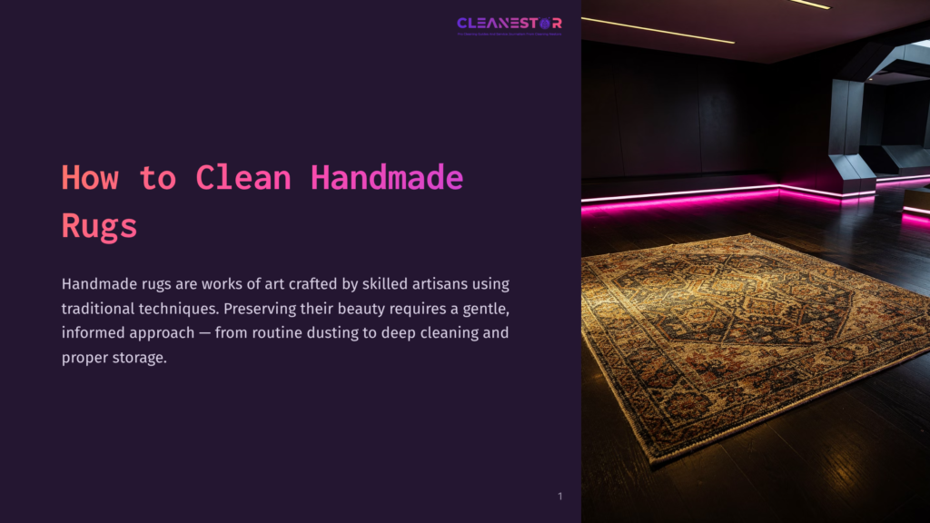 A Handmade Oriental Rug With Intricate Patterns Sits On A Dark Wooden Floor, Illuminated By Vibrant Pink Neon Lights In A Modern, Dimly Lit Room. The Text &Quot;Cleanestar&Quot; Is Visible In The Top Left Corner.