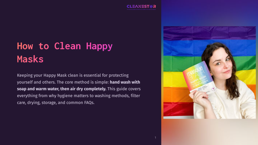 A Young Woman Smiles At The Camera, Holding A &Quot;Masque Bar Happy Mask&Quot; Product In Front Of A Vibrant Rainbow Flag Background.