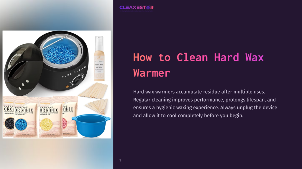 A Black And White Hard Wax Warmer Filled With Blue Beads Sits Next To A Bottle Of Lotion, A Bowl, And Wax Strips In A Tutorial On How To Clean Hard Wax Warmers.