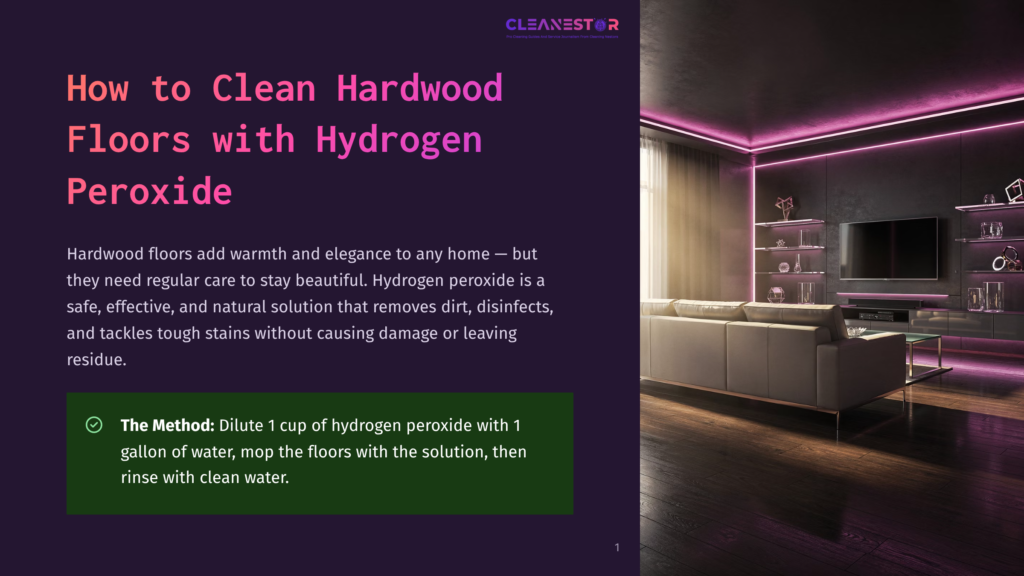 A Modern Living Room With Hardwood Floors Illuminated By Purple Led Lighting. A Beige Sofa Sits Against A Wall With A Flat-Screen Tv And Shelves Adorned With Decorative Items. The Scene Is Clean And Elegant, Highlighting The Benefits Of Using Hydrogen Peroxide For Floor Maintenance.