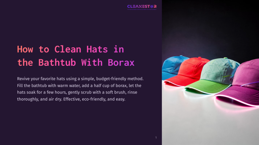 1 How To Clean Hats In The Bathtub With Borax Four Different Colored Caps Laid Out On A Surface, With A Bold Text Overlay That Reads, &Quot;How To Clean Hats In The Bathtub With Borax.