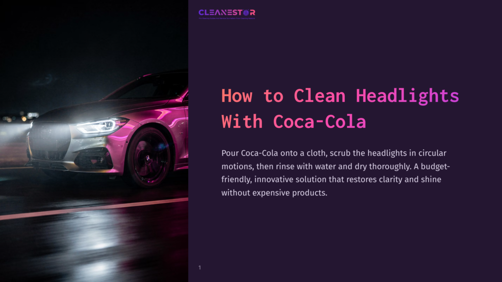 A Pink Car'S Headlights Are Being Cleaned With Coca-Cola In A Night Setting. The Headlights Shine Brightly, Reflecting On The Wet, Dark Road. A Caption Reads, &Quot;How To Clean Headlights With Coca-Cola.