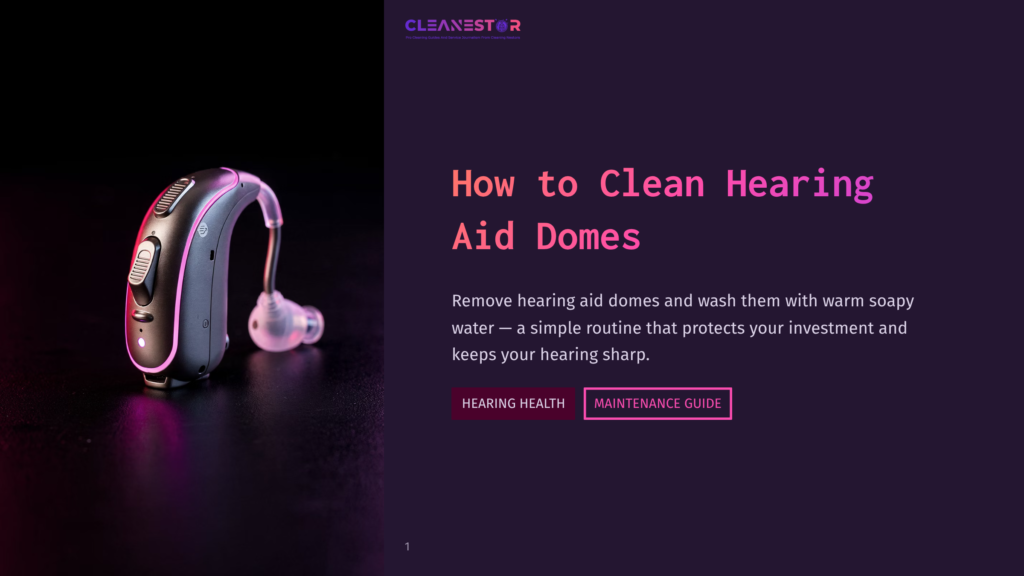A Close-Up Of A Pink And Gray Hearing Aid Dome On A Dark Background With A Cleanest Logo At The Top And Text That Reads &Quot;How To Clean Hearing Aid Domes.&Quot; The Text Below Explains The Importance Of Cleaning Hearing Aid Domes Regularly.