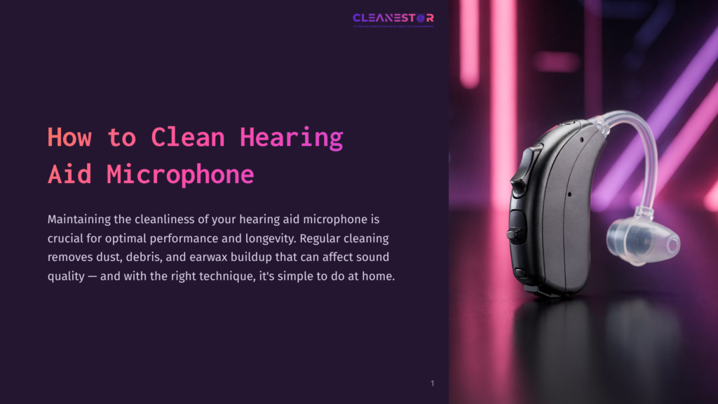 A Modern Black Hearing Aid With A Clear Earbud Sits On A Reflective Dark Surface, Illuminated By Vibrant Pink And Purple Neon Lights. The Text &Quot;How To Clean Hearing Aid Microphone&Quot; Is Prominently Displayed On The Left.