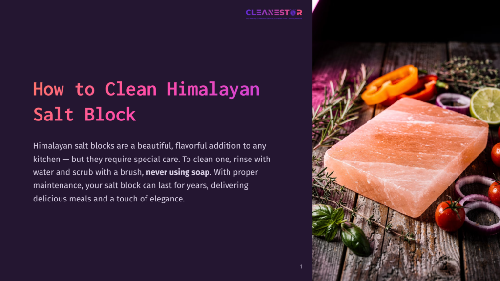 A Large Himalayan Salt Block Rests On A Wooden Table, Surrounded By Colorful Vegetables And Herbs, With Text Overlay That Reads, &Quot;How To Clean Himalayan Salt Block.&Quot; The Block Is A Beautiful, Natural Pink Color, Set Against A Rustic Background.