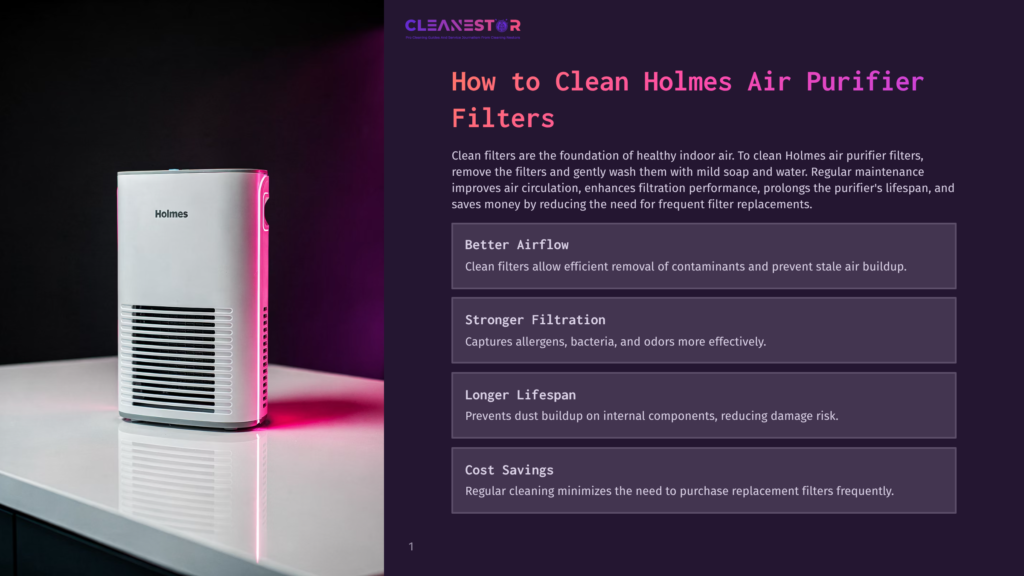 1 How To Clean Holmes Air Purifier Filters Holmes Air Purifier With A Clean Filter, Illustrating The Benefits Of Cleaning Holmes Air Purifier Filters: Better Airflow, Stronger Filtration, Longer Lifespan, And Cost Savings.