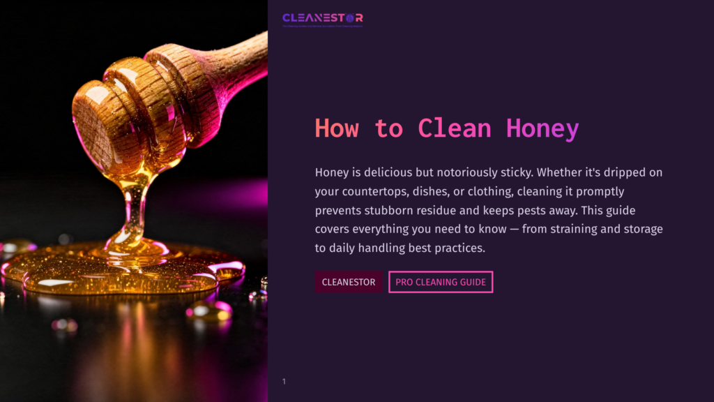 A Wooden Honey Dipper Dripping Golden Honey Onto A Dark, Reflective Surface, With Purple And Pink Lighting. Text Reads: &Quot;Cleanestor&Quot; And &Quot;How To Clean Honey&Quot;.