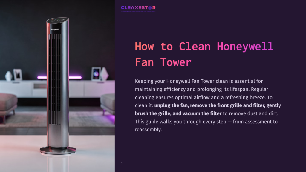 Honeywell Fan Tower On A Table, With The Text &Quot;How To Clean Honeywell Fan Tower&Quot; And &Quot;Cleanestor&Quot; Logo Visible.