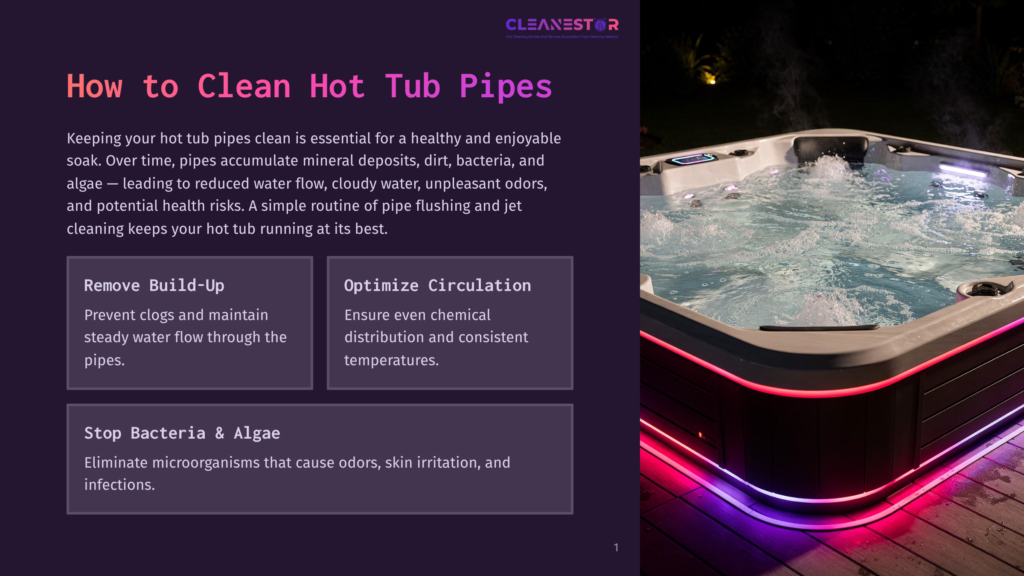 A Bubbling Hot Tub Glows With Colorful Led Lights At Night, With Text Overlay Discussing How To Keep Hot Tub Pipes Clean By Preventing Clogs And Optimizing Circulation To Stop Bacteria And Algae.
