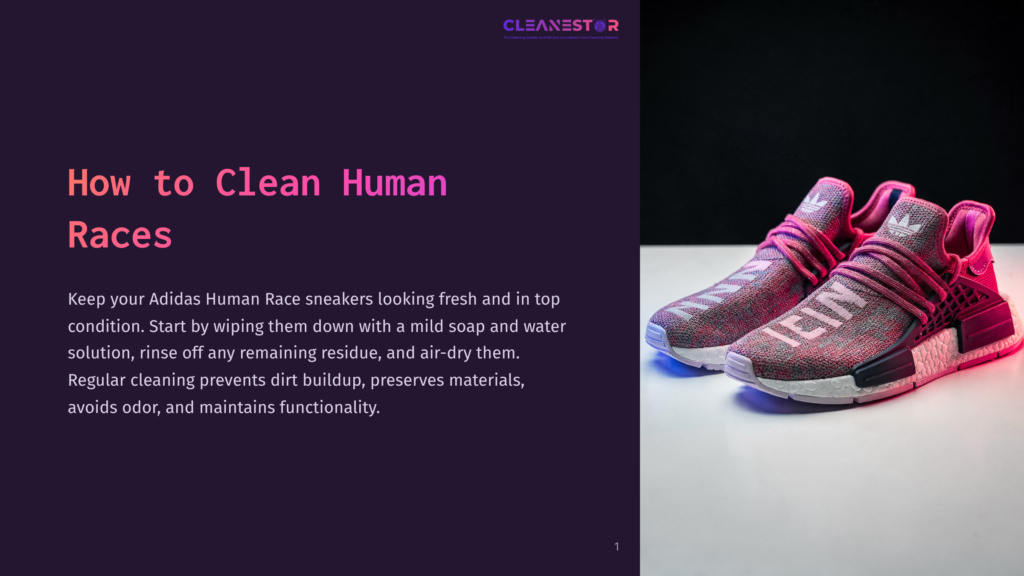 A Pair Of Adidas Human Race Sneakers, Vibrant With Pink And Gray Color, Displayed On A White Surface, Alongside Text On How To Clean Them.