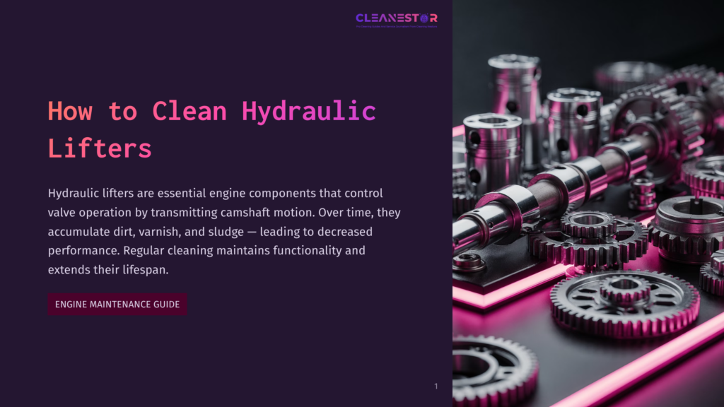 Close-Up Of Clean, Shiny Hydraulic Lifters And Gears On A Dark Surface, With Bright Pink Neon Lighting Casting A Glow. Text Overlay Reads &Quot;How To Clean Hydraulic Lifters&Quot; And &Quot;Engine Maintenance Guide&Quot;.