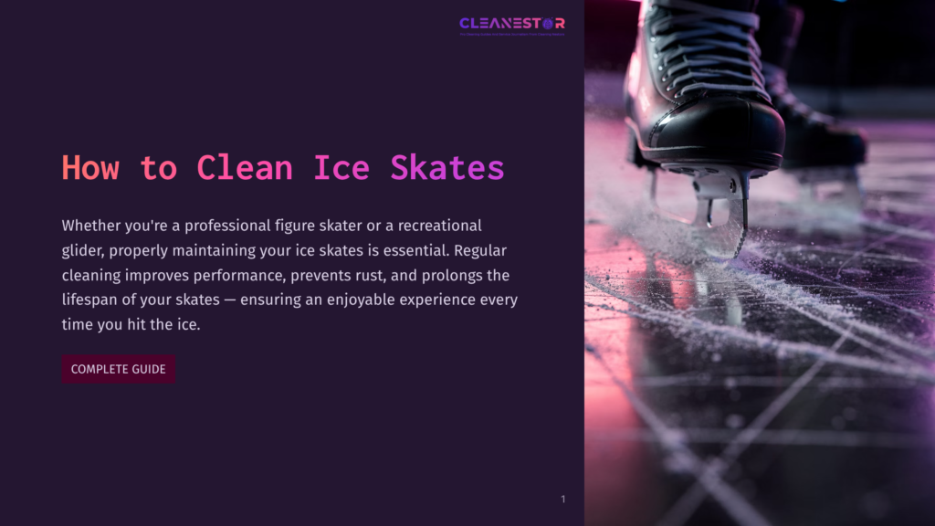 1 How To Clean Ice Skates Close-Up Of Ice Skate Blades On A Rink, With Purple And Pink Lighting Reflecting On The Ice. Text Overlay: &Quot;How To Clean Ice Skates&Quot;.