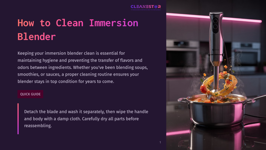 A Kitchen Scene Showing A Stainless Steel Immersion Blender With A Blade Creating A Splash Of Colorful Ingredients Into A Pink Pot On A Countertop.