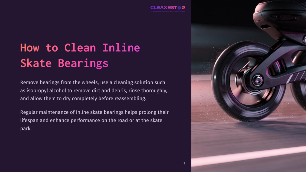 1 How To Clean Inline Skate Bearings Close-Up Of An Inline Skate Wheel With Multiple Ball Bearings Visible, Rolling On A Dark, Textured Surface With A Slight Blur Indicating Motion. The Text &Quot;Cleanestor&Quot; Is Visible In The Top Right Corner.