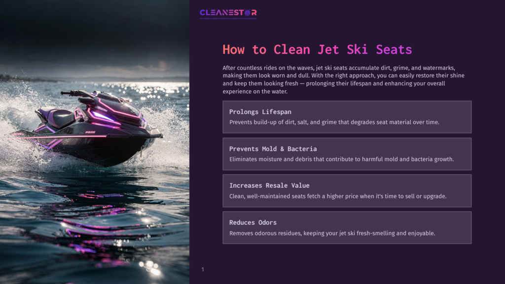 A Sleek, Purple And Black Jet Ski With Neon Pink Accents Cuts Through Choppy Blue Water, Creating A Large Spray Of White Foam. The Cleanestor Logo And Title Are Visible On The Right Side Of The Image.